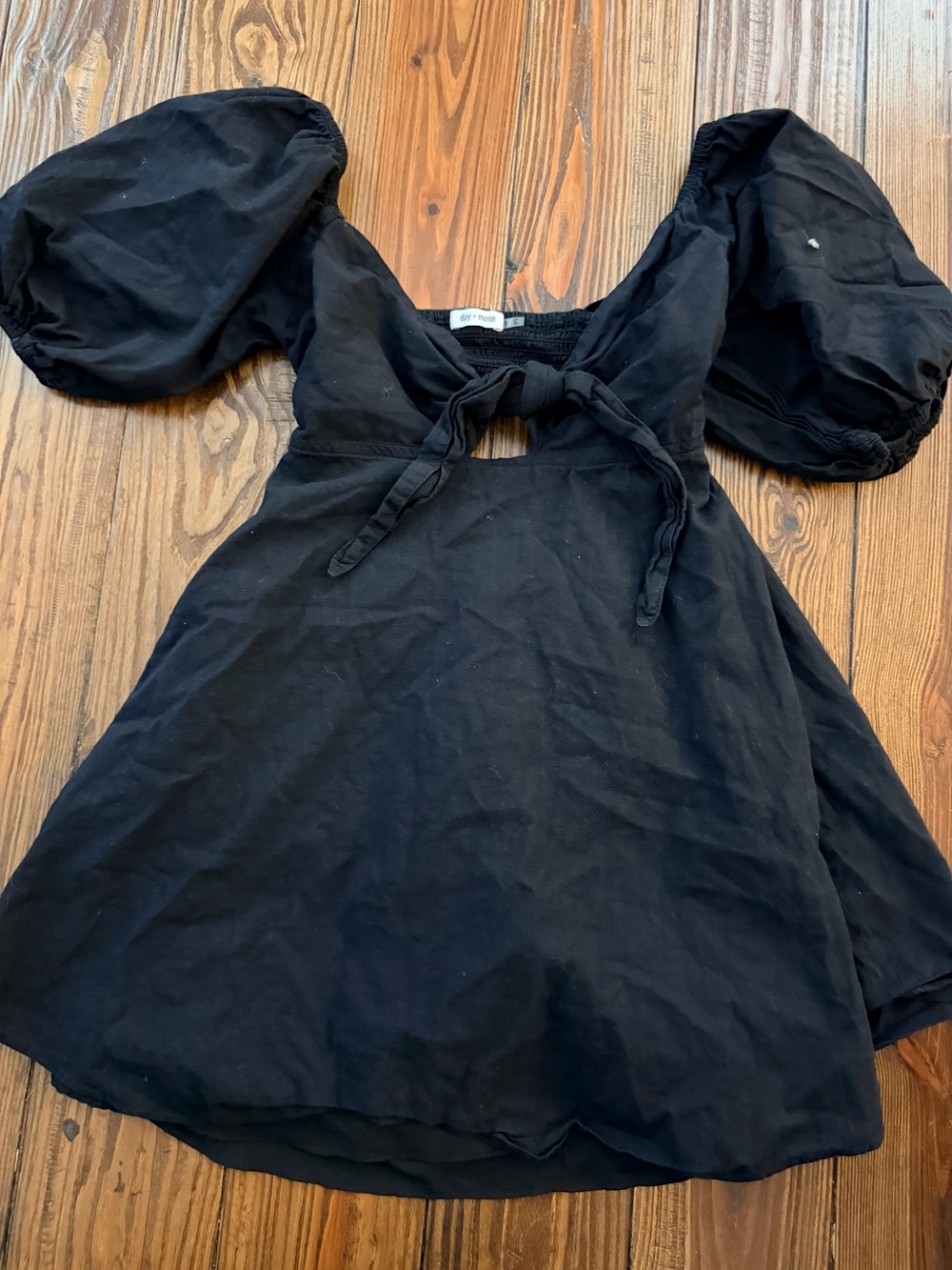 Black Mini Dress with Puff Sleeves and Front Tie